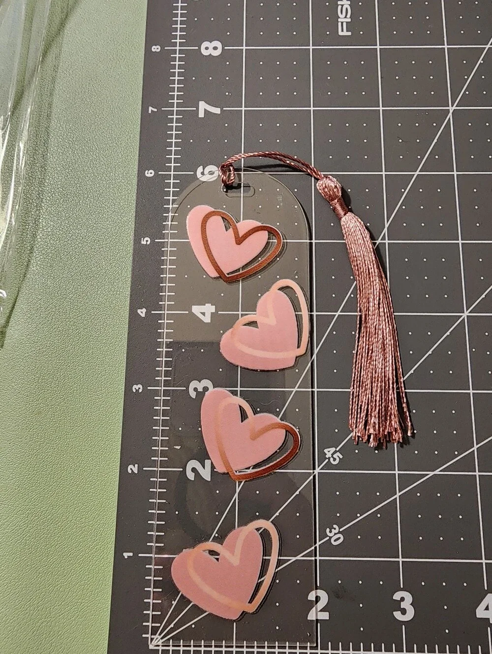 Acrylic Bookmark with Pink Heart Stickers and Pink Tassel. Handmade